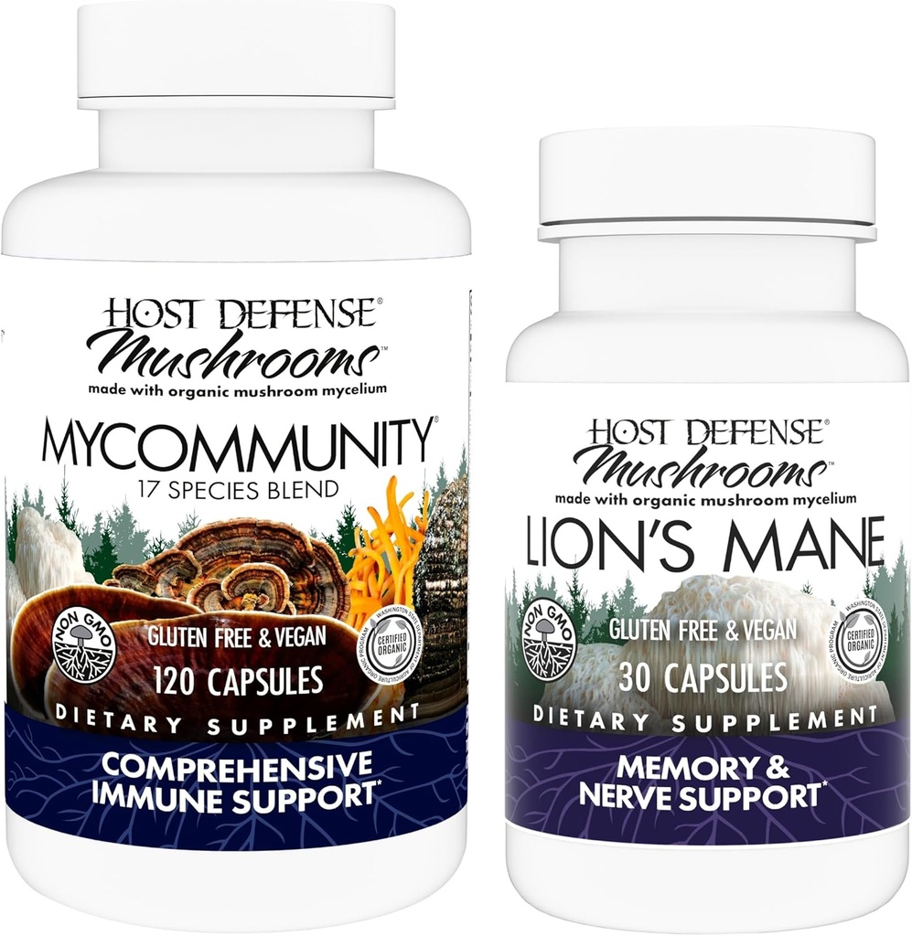 Host Defense MyCommunity Capsules, 120 Count & Lion's Mane Capsules, 30 Count - Support Immune Health with 17 Species Mushroom Blend - Support Brain Health, Memory & Focus*