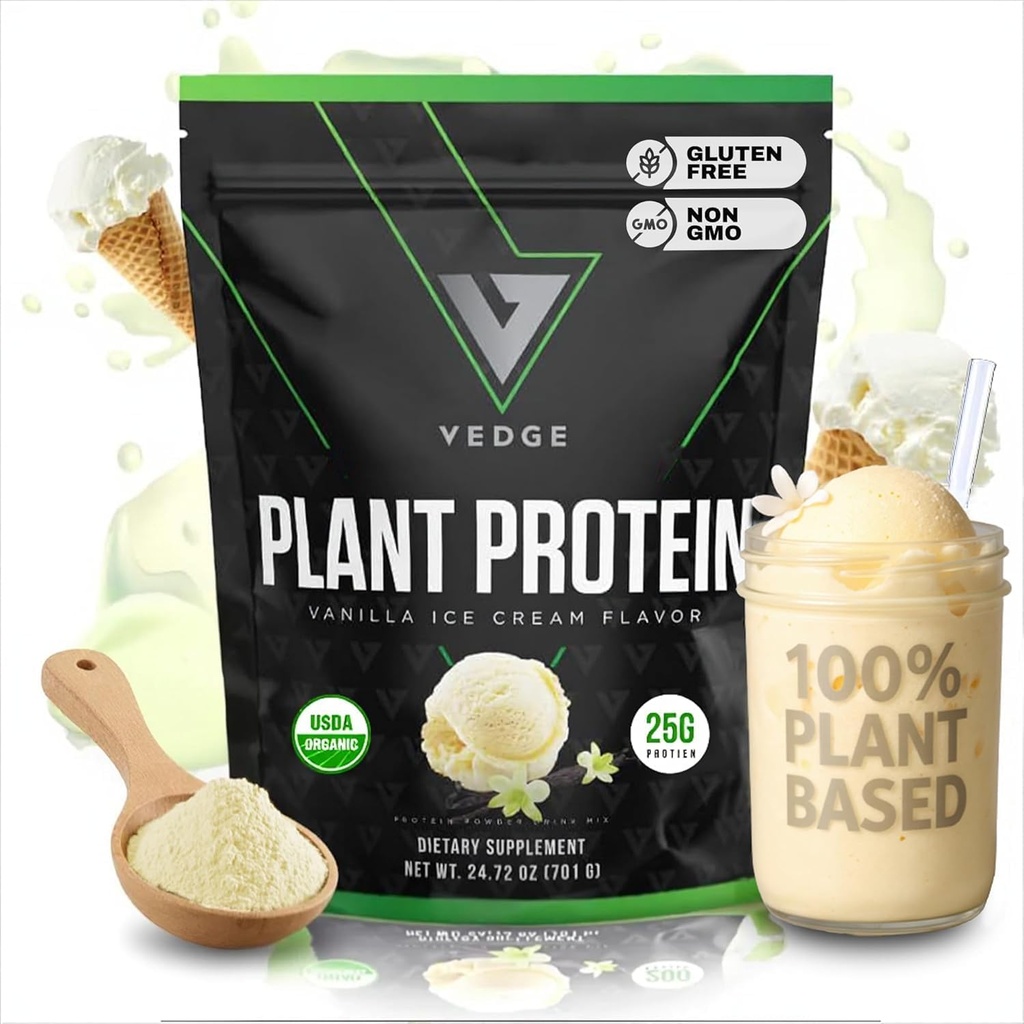 vedge Vegan Protein Powder - Plant Protein Powder with Pea, Pumpkin & Sunflower - USDA Organic, Amino Acids, Dairy Free, Gluten Free, Soy Free, Keto, Non GMO, Smooth Texture - Vanilla - 20 Servings