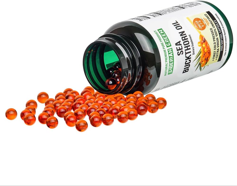 Siberian Sea Buckthorn Oil Capsules 200 Softgels | from Wild-harvested Siberian Sea Buckthorn Berries | Oil Cold Pressed Unrefined Gluten Free Non-GMO Premium Omega 7