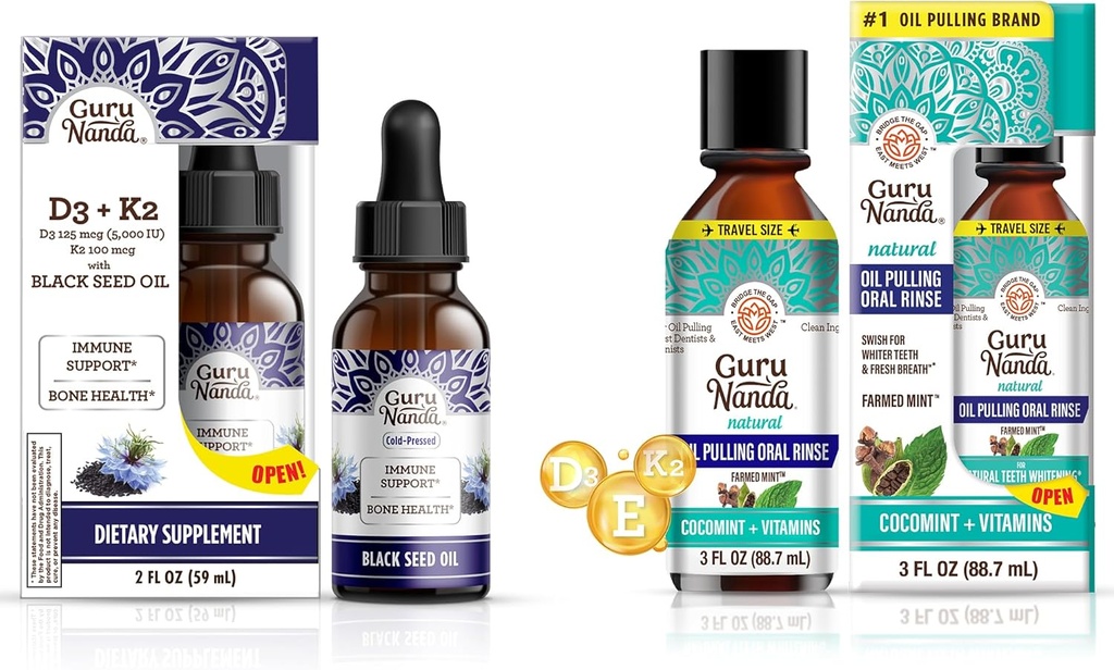 GuruNanda Black Seed Oil 5000 IU Vitamin D3, K2 & E + Coconut Oil Pulling with Essential Oils Vitamin D3, E, K2 for Immune Support, Oral Hygiene
