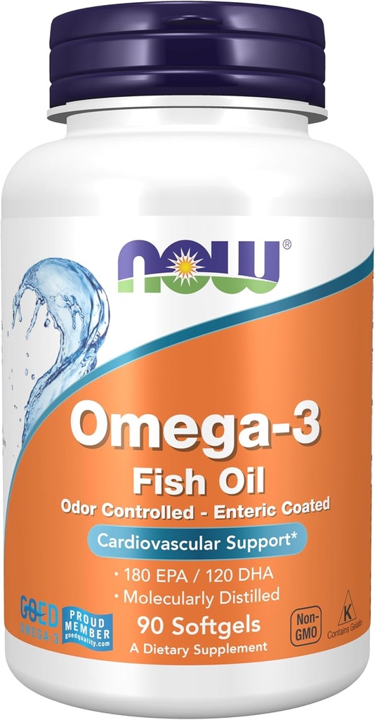 NOW Foods Supplements, Omega-3 180 EPA / 120 DHA, Enteric Coated, Cardiovascular Support*, 90 Softgels