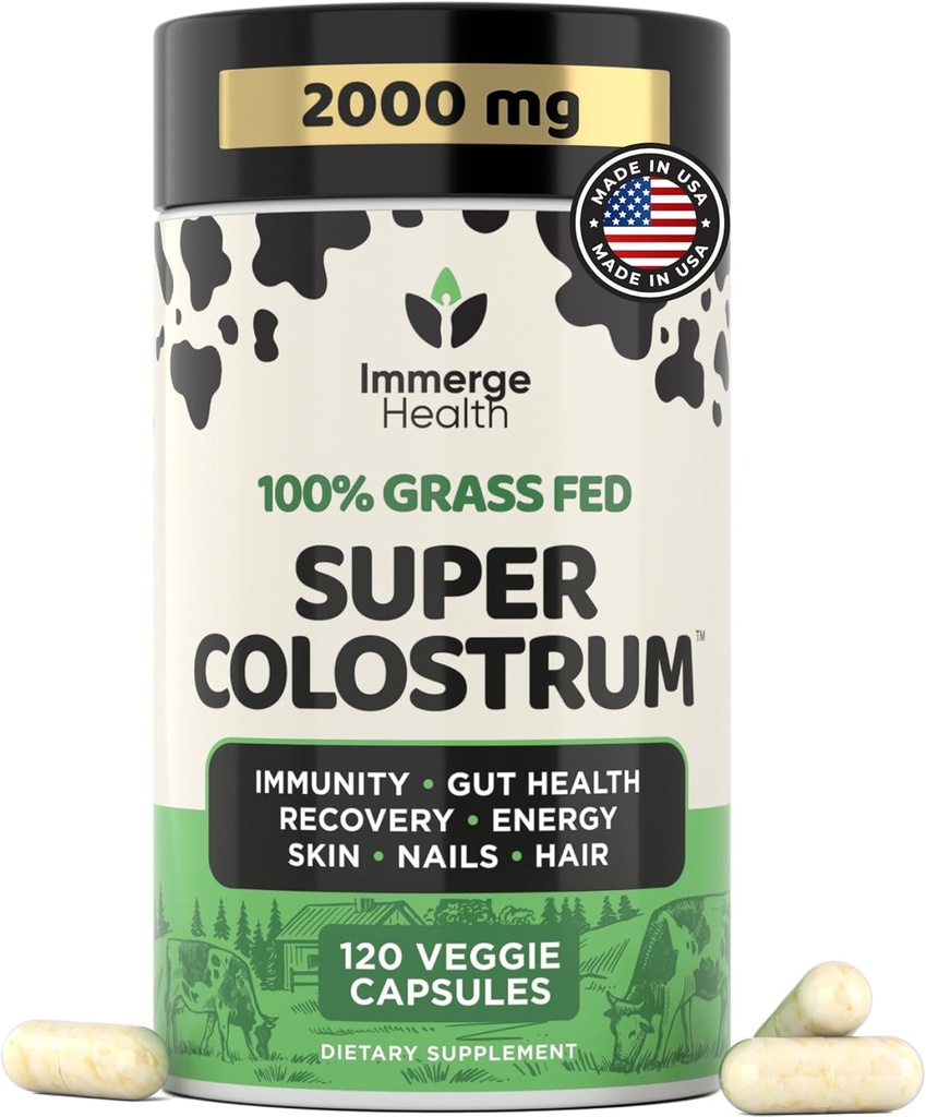 Super Colostrum Grass Fed Bovine Colostrum - 120 Capsules - Gut Health, Muscle Recovery, Energy, Hair, Skin & Immune Supplement | 50% IgG Cow Colostrum for Humans | Superfood, Gluten Free, Unflavored