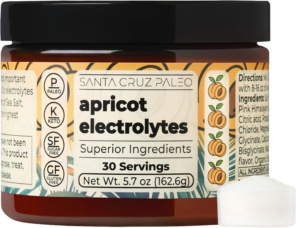 Santa Cruz Paleo Electrolyte Powder, Apricot Flavor, Sugar Free Hydration Drink Mix with Himalayan Pink Salt, Sea Salt, Magnesium Glycinate, Potassium Chloride, Sweetened with Stevia, 30 Servings
