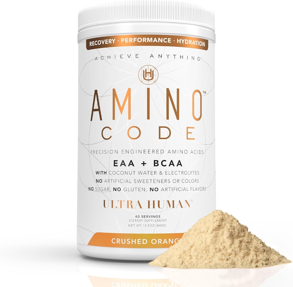 Ultra Human Amino Code | Essential Amino Acids + BCAAs + Coconut Water Electrolytes | Fast Hydration Workout Recovery Flavored Amino Energy Powder Drink | Clean Formula, 40 Servings - Crushed Orange