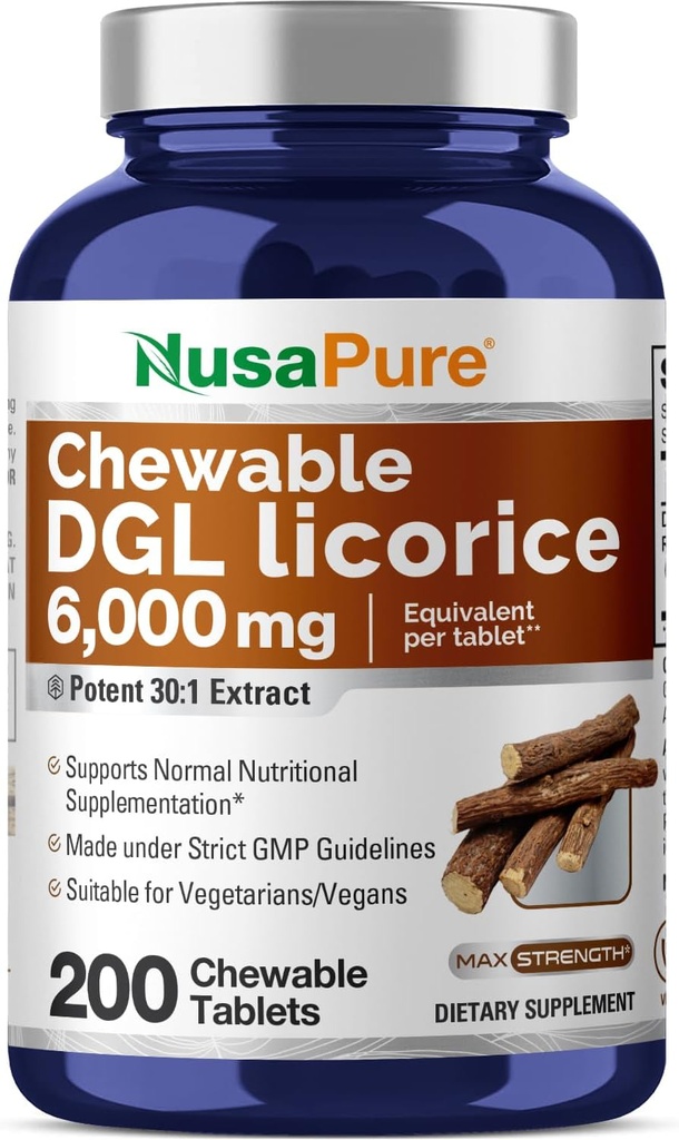 NusaPure DGL Deglycyrrhizinated Licorice Root Extract 30:1 - Suitable for Vegetarian/Vegan, Non - GMO - 6,000 mg 200 Chewable Tablets