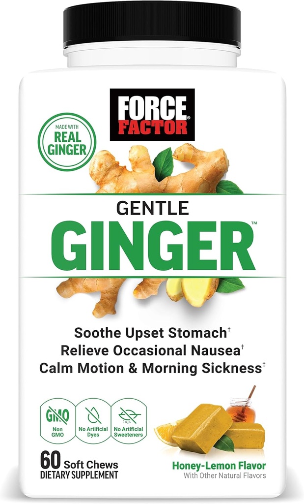 Force Factor Gentle Ginger Chews for Nausea Relief, Motion Sickness, and Morning Sickness, Ginger Supplement with Vitamin B6 for Digestive Support, Non-GMO, Honey-Lemon Ginger Flavor, 60 Soft Chews