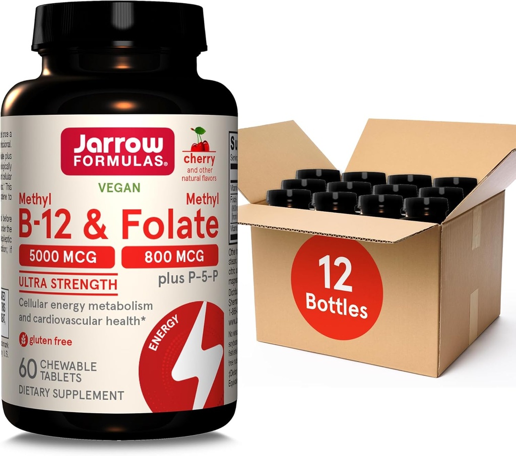 Jarrow Formulas Ultra Strength Methyl B-12 5000 mcg & Methyl Folate 800 mcg + P-5-P, Supplement for Cellular Energy Metabolism and Cardiovascular Support, 60 Chewable Tablets, 60 Day Supply, 12 Packs