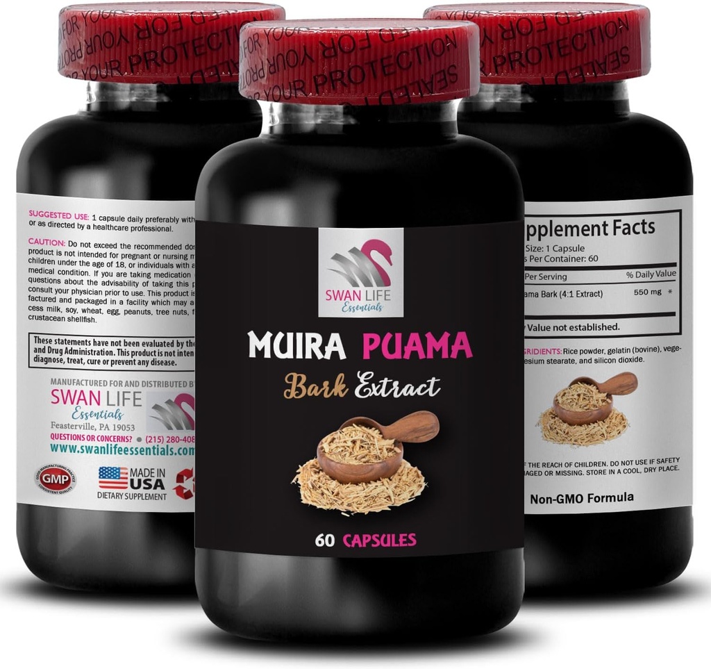 Natural Energy Boost - Muira PUAMA BARK Extract - Botanical Fuel Source, Natural Resilience Support, Active Lifestyle Support, Mindful Boost, Nature’s Power Surge, Active 1 Bottle 60 Capsules