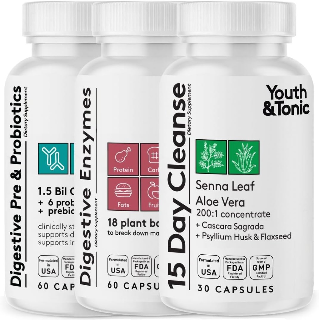 Youth & Tonic 15 Day Colon Cleanse Digestive Enzymes with Pre & Probiotics | for Digestion, Belly Bloat, Break Down Food, Gut Health and Regularity,150 Pills for Women & Men