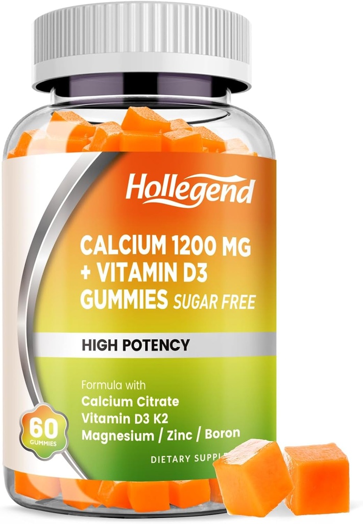 Calcium 1200 mg with Vitamin D3 Gummies, Calcium Citrate Chewables with Magnesium Zinc Vitamin K2 Boron, Bone Health, Sugar Free, 60 Count