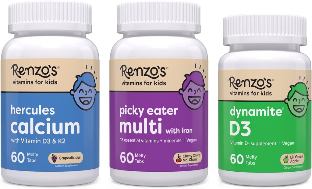 Renzo's Vitamins Stronger Now Bundle - Picky Eater Kids Multivitamin, Hercules Calcium, and Vitamin D3 for Kids