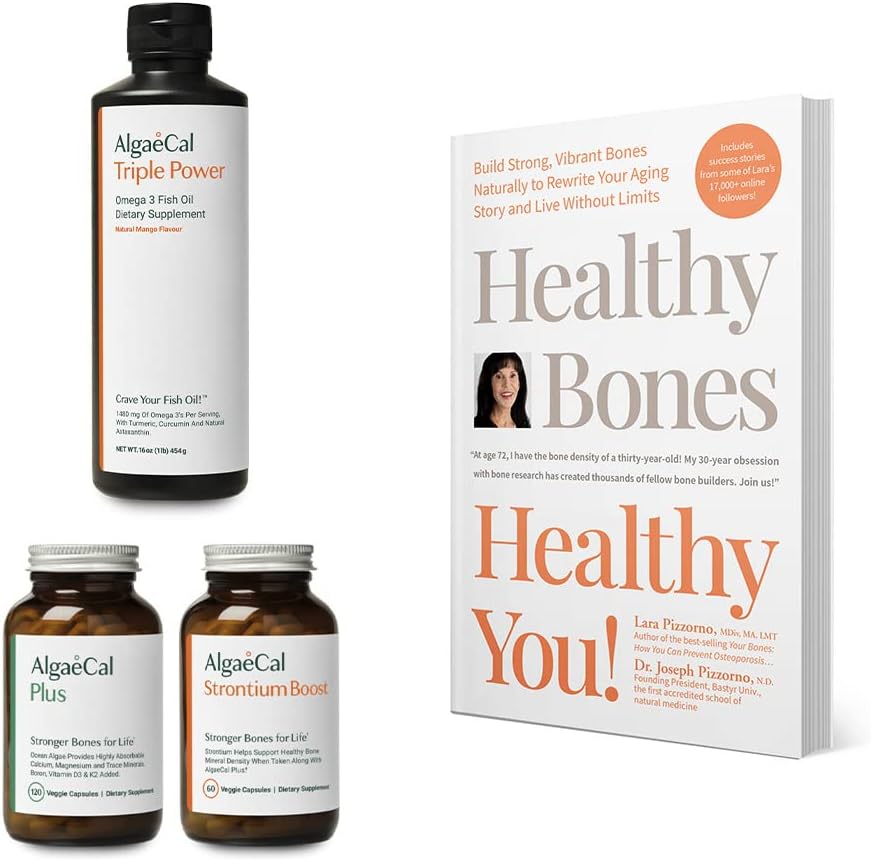 ALGAECAL Bundle - Bone Builder Pack, Calcium Supplement Vitamin D, K2, Strontium & Omega 3 Fish Oil with EPA & DHA & The Book by Lara Pizzorno Healthy Bones Healthy You