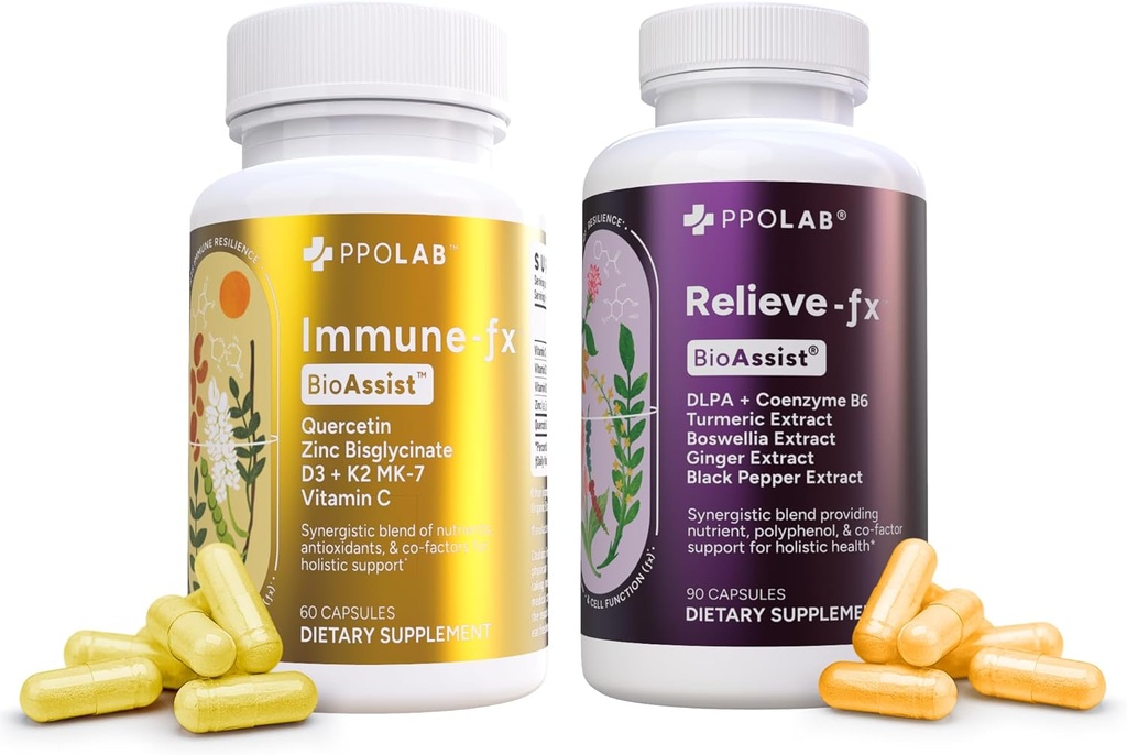 PPO Lab BioAssist® Relieve-Fx + Immune-fx, Recovery Relief Joint Detox Mood Immune Pulmonary Lung Support Supplement Factors, Clean Certified®, Non-GMO