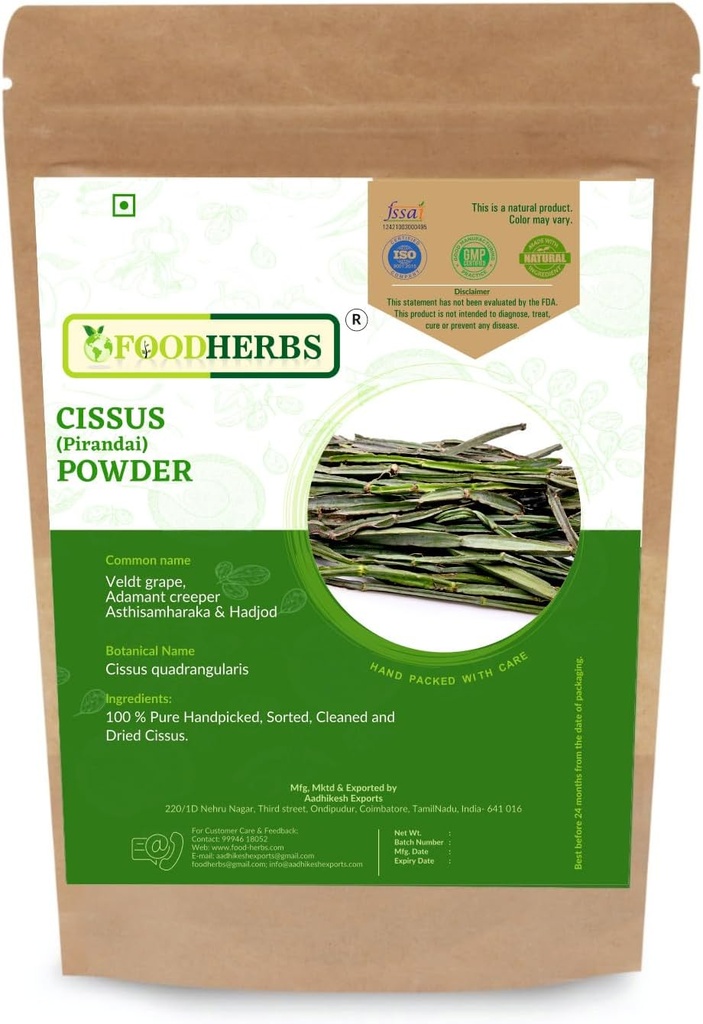 Foodherbs Cissus Quadrangularis Powder | 200 GMS / 0.44 Lbs | for Bone Wellness | Hadjod | Pirandai | Veldt Grape | Adamant Creeper