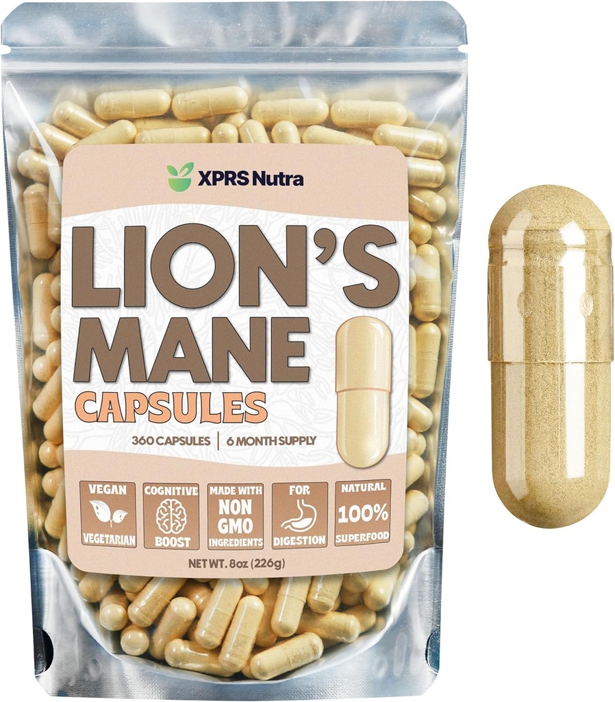 XPRS Nutra Organic Lions Mane Supplement Capsules - 360 Count (180 Day Supply) of Premium Mushroom Pills for Mental Clarity, Cognition and Immunity - Brain Boosting Superfood