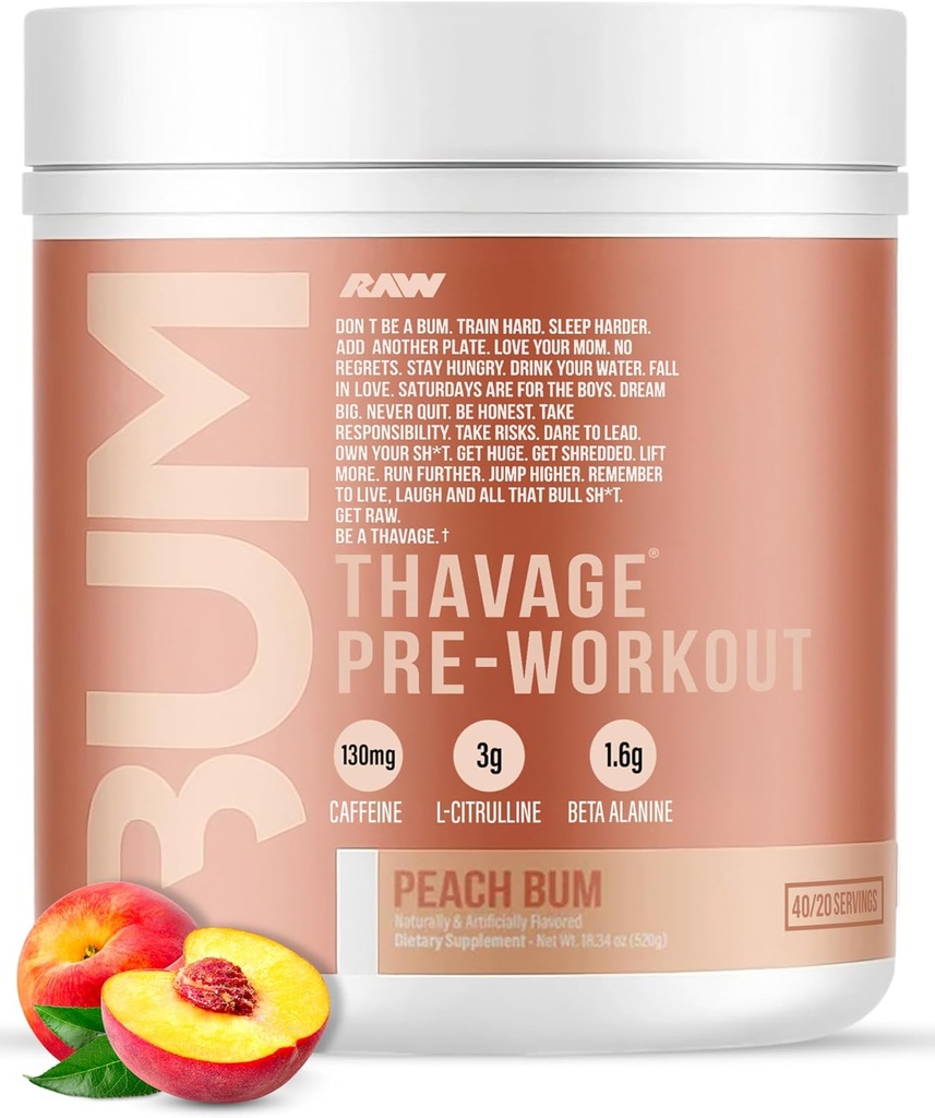 RAW Preworkout Powder, Thavage (Peach Bum) - Chris Bumstead Sports Nutrition Supplement for Men & Women - Cbum Pre Workout for Working Out, Hydration, Mental Focus & Energy - 40 Servings