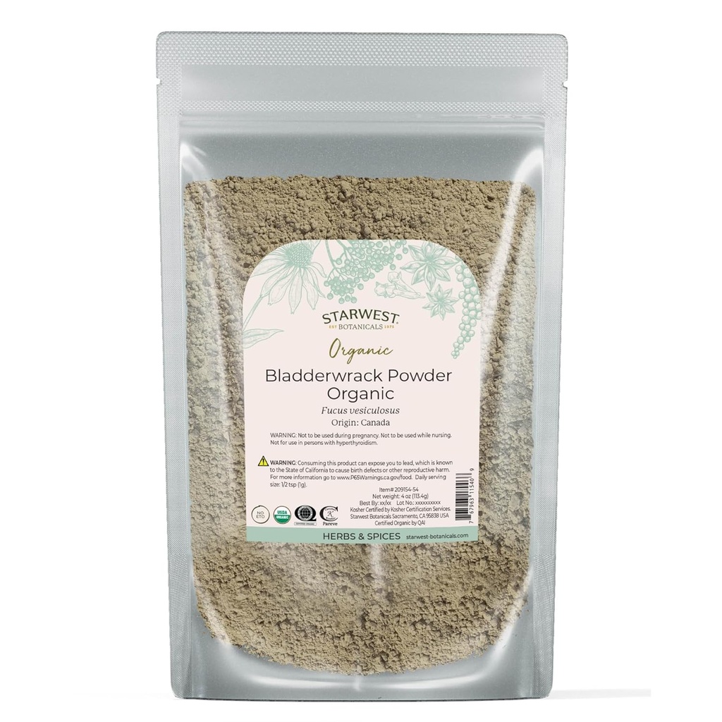 Starwest Botanicals Dried Bladderwrack Organic Powder - Natural Seaweed Herb, Source of Iodine, Potassium, Zinc, Calcium, Vitamins A & C, Certified Kosher, Non-GMO - 4 oz Pouch