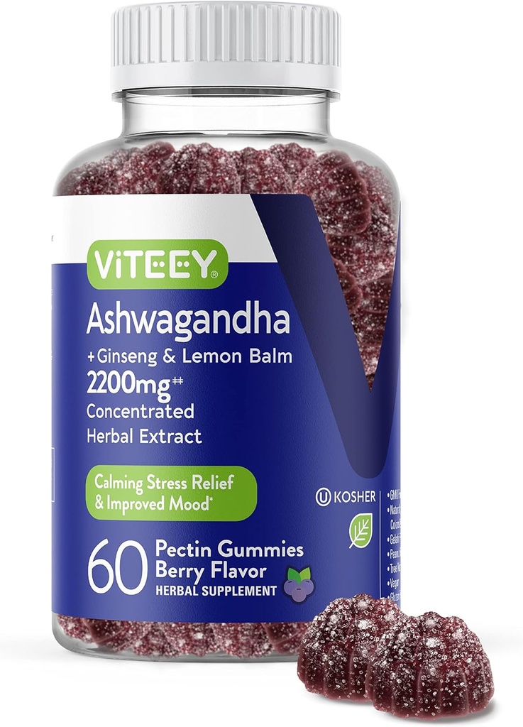 Viteey Ashwagandha Gummies with Ginseng & Lemon Balm - Mood, Calm & Stress Support Ashwagandha Supplements - Vegan, Gluten-Free - 60 Count
