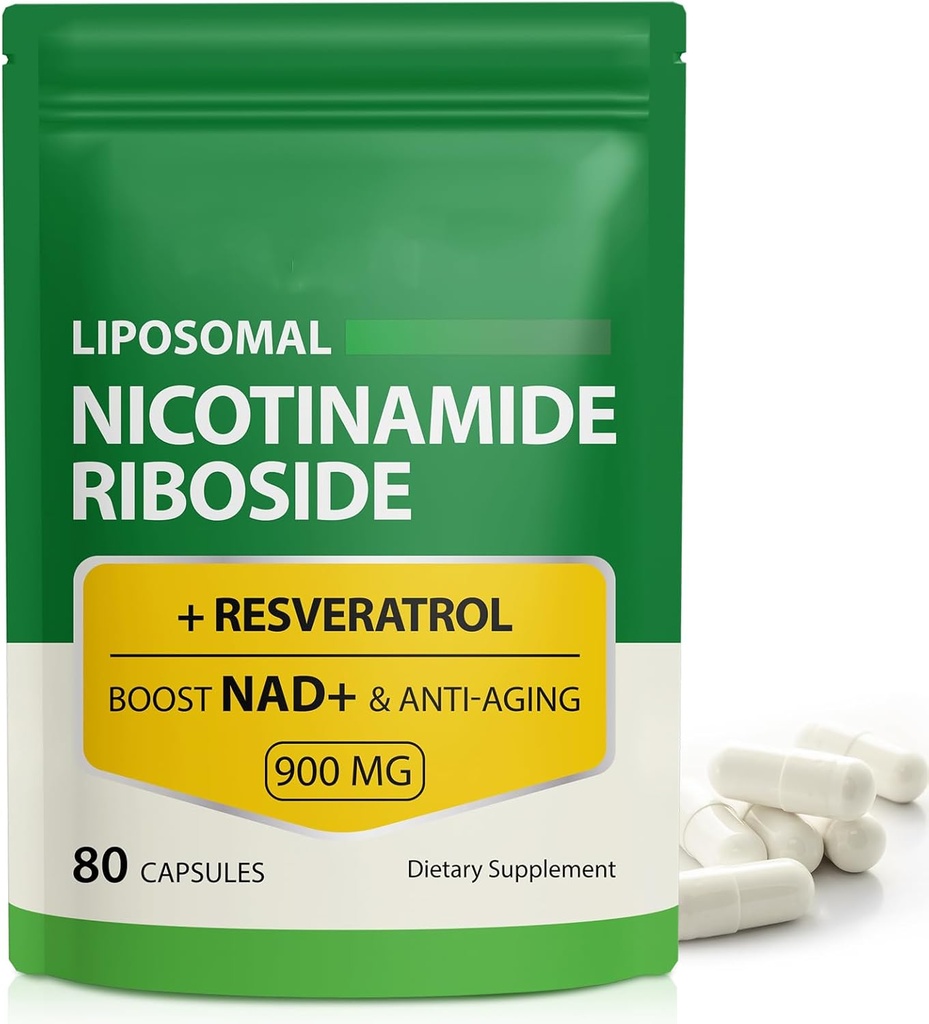 NAD+ Supplement 900mg - Liposomal Nicotinamide Riboside & Resveratrol, Supports Muscle, Brain, Cellular Energy - NMN Supplement Alternative for Men and Women, 80 Capsules (Pack of 1)