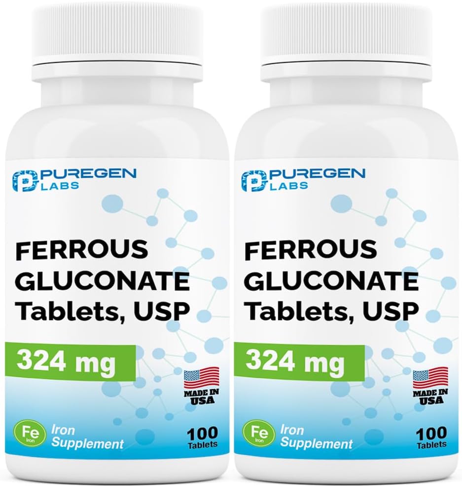 Puregen Labs Ferrous Gluconate 324 mg [High Potency] Iron Supplement, Gentle on Stomach | 2 Pack - 200 Tablets Total
