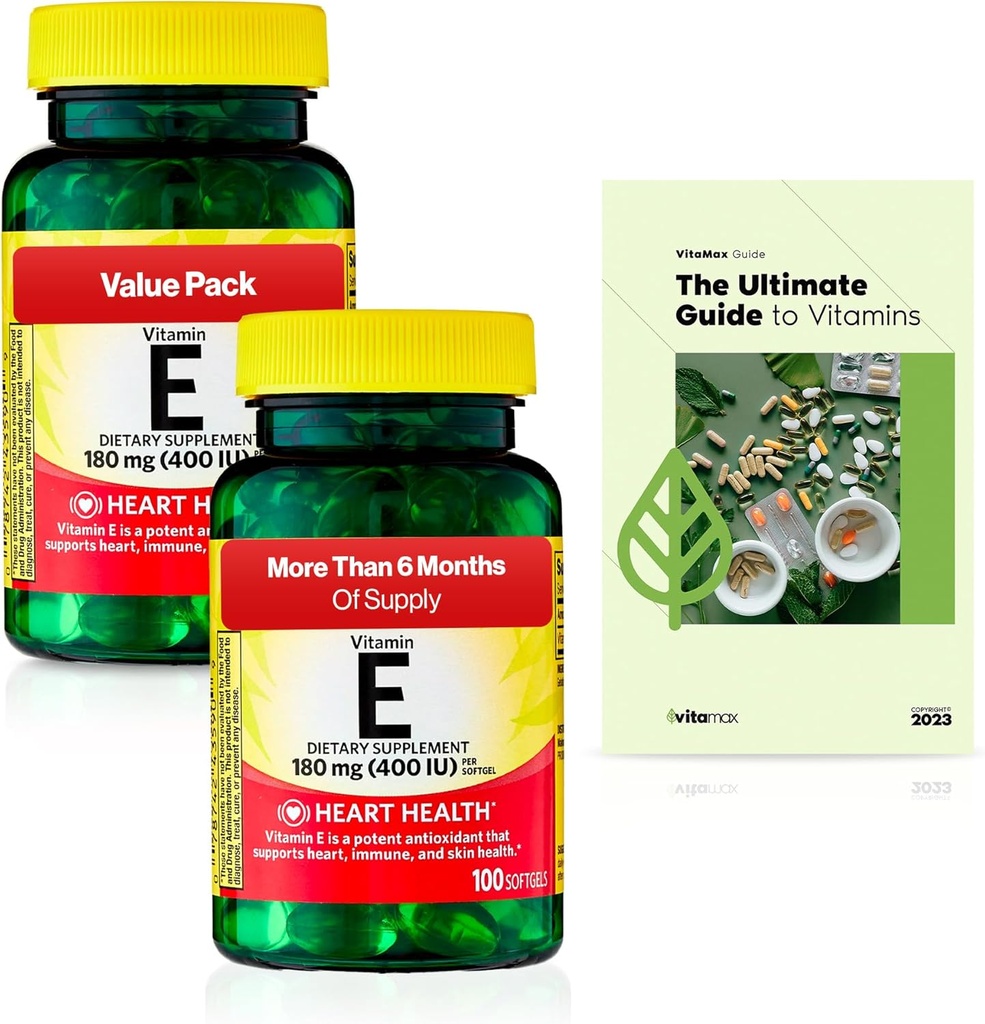 Spring Valley Vitamin E Heart Health Dietary Supplement Softgels, 180 mg (400 IU), 200 Count, 2-Pack + Exclusive VitaMax Vitamin Guide (3 Items)