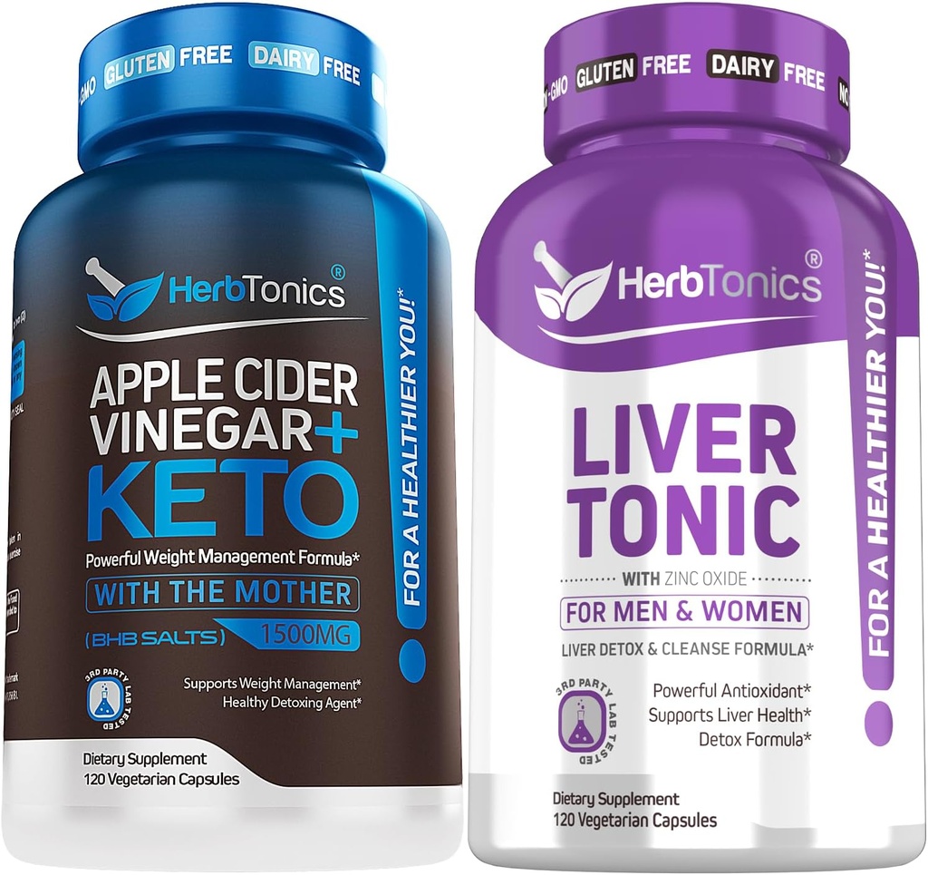 Herbtonics Apple Cider Vinegar Capsules Plus Keto BHB | Fat Burner & Weight Loss Supplement for Women & Men - Liver Cleanse Detox & Repair Formula with Milk Thistle Artichoke and 24 Herbs Liver Health