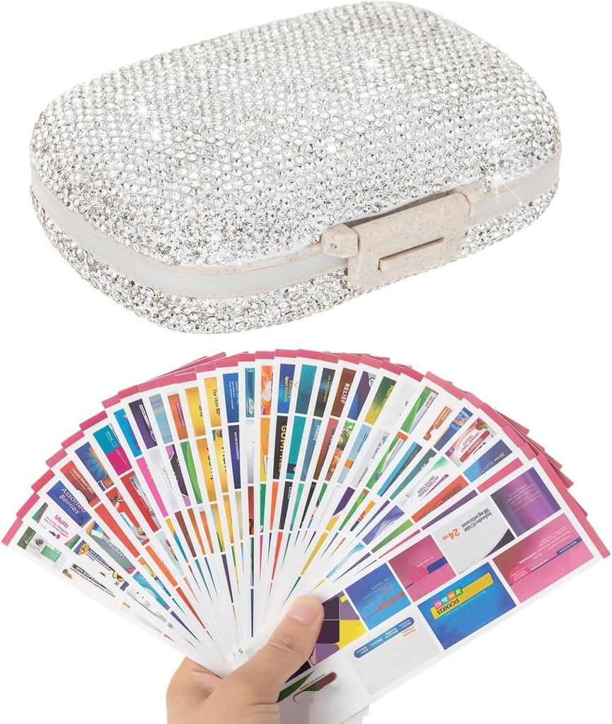 Pill Organizer with Labels Bling Pocket Pill Case with Stickers Travel Medicine Kit Holder Small Purse Pill Box Container Portable Mini Medication Storage (White & 300 Labels)