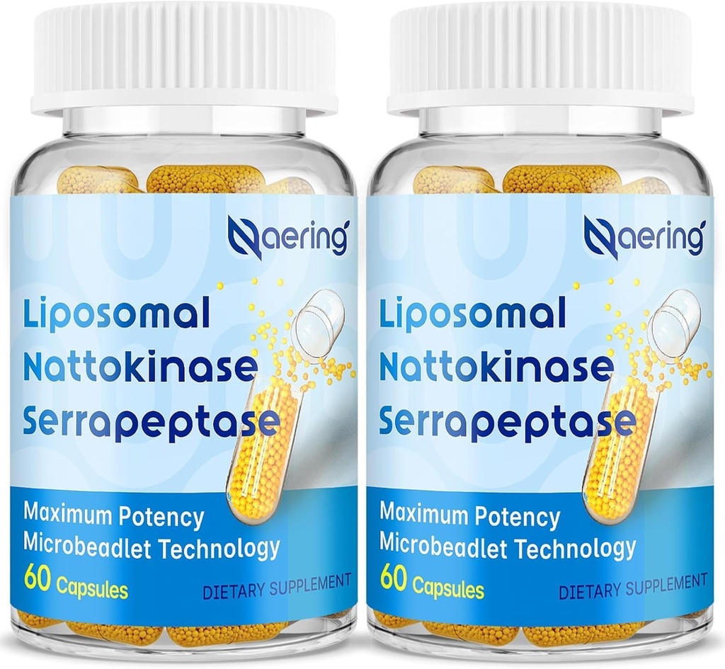 Liposomal Nattokinase 12,000 FU Serrapeptase 360,000 SPU Enzyme Supplement - Enriched with Synergistic Enzymes and Nutrient Blend & Inulin for Circulatory, Gut, Digestion 60 Capsules (2 Bottle)
