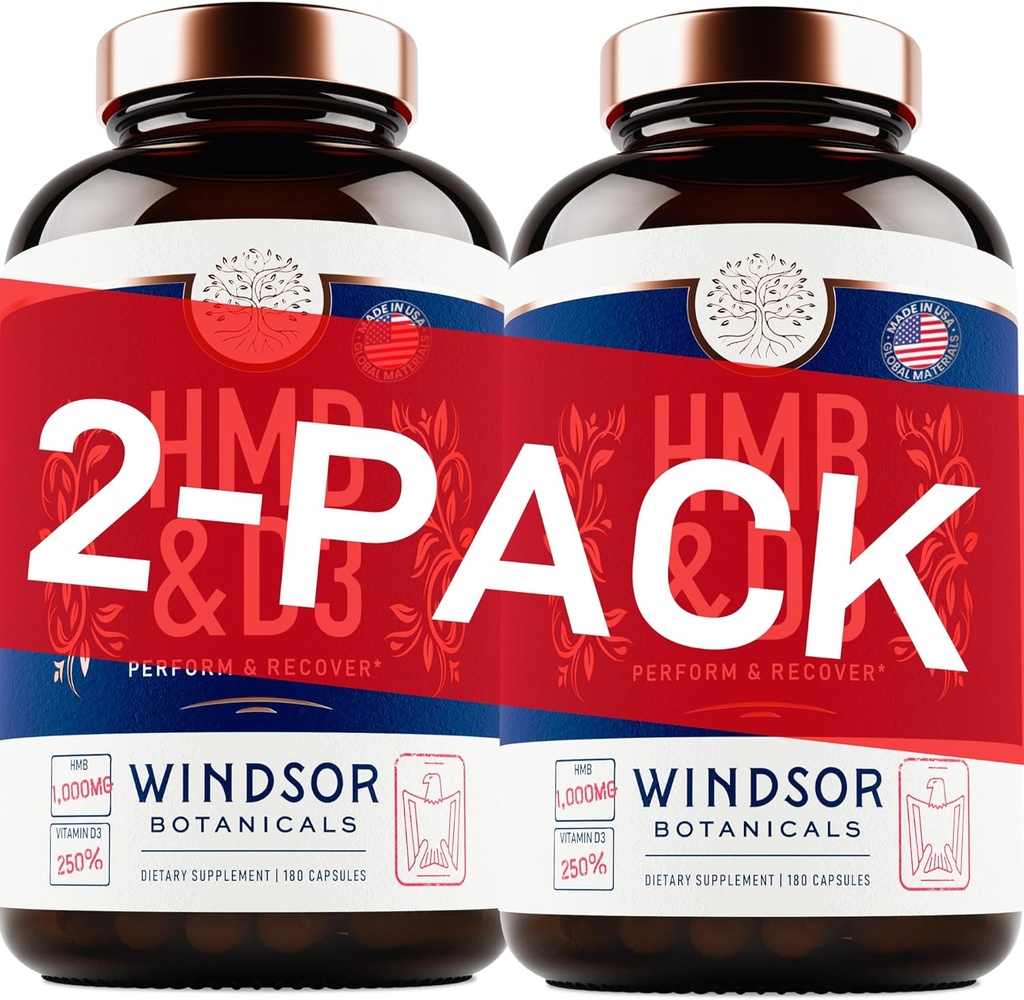 HMB and Vitamin D3 Supplement - Muscle Growth, Strength, Performance and Recovery Support - B-Hydroxy B-Methylbutyrate, D3 Plus Calcium, 1,000 MG HMB Supplements - 180 Days, 360 Capsules