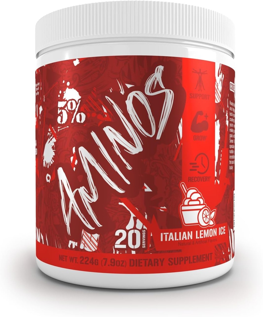 5% Nutrition Code Red Aminos BCAA & EAA Post Workout Recovery Powder | Full Spectrum Essential Amino Acid Complex for Men & Women (Italian Lemon Ice)