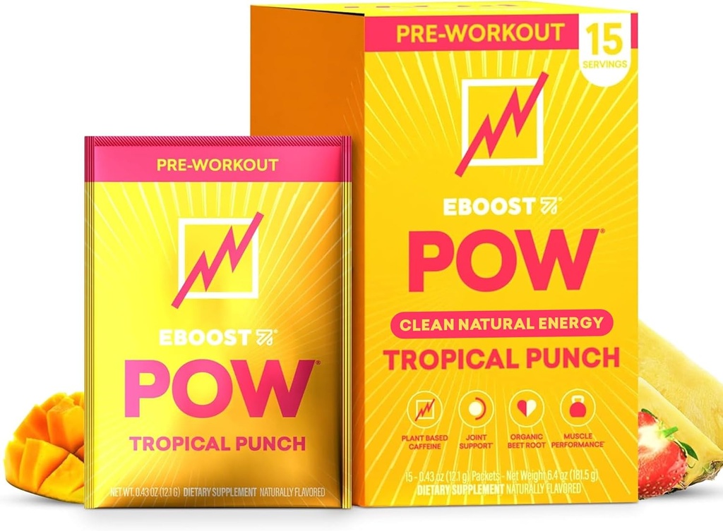 EBOOST POW Natural Pre Workout Powder - 15 Packets, Tropical Punch - Preworkout Energy Booster Gym Supplement Drink Mix for Men and Women - Performance, Joint Mobility Support - Gluten-Free
