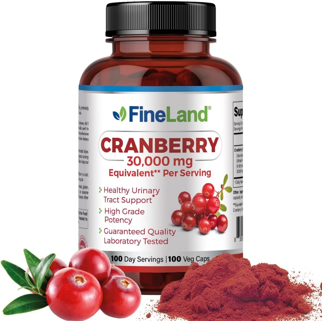 FineLand Cranberry Extract 30,000mg Strength per Capsule — High Potency Cranberry Pills for UTI Support — 100 Vegan Capsules, 100-Day Supply, Non-GMO, Made in USA