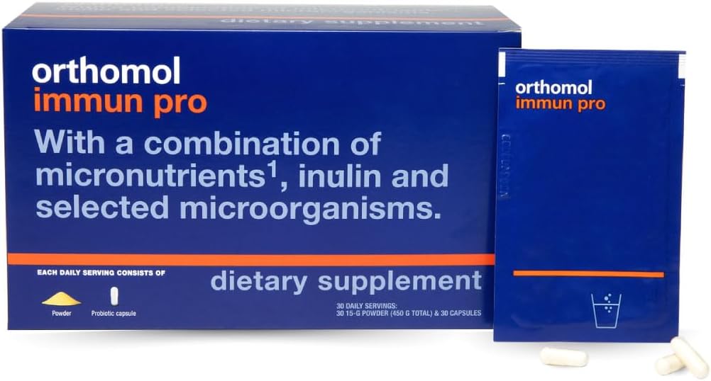 Orthomol Immun Pro, Immune Support, Probiotic Gut Health Supplement, Inulin Prebiotic Fiber, 30-Day Supply, Vitamin A, B, C, D, E, Zinc, Iodine, Probiotics for Women and Men, Daily Powder & Capsule