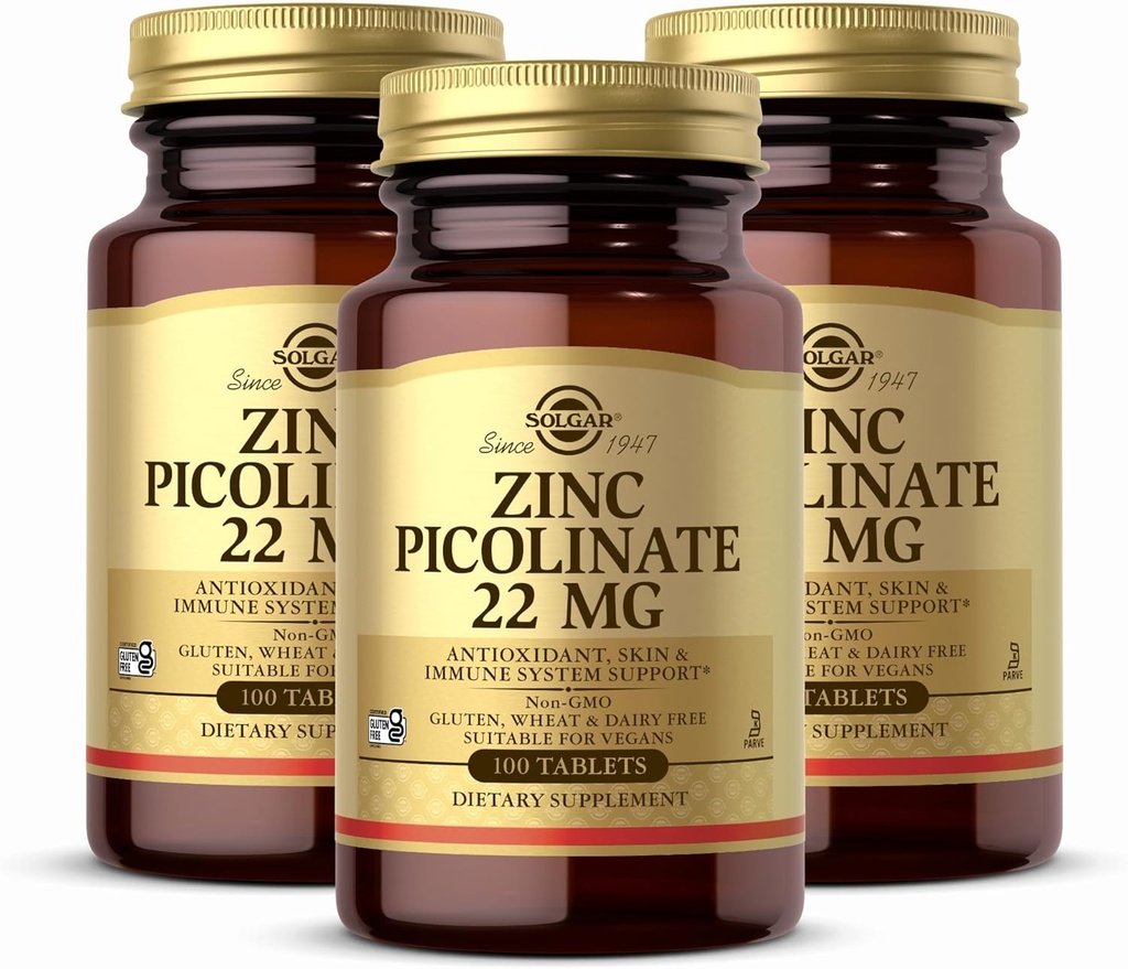 Solgar Zinc Picolinate 22 mg, 100 Tablets (Pack of 3) - Promotes Healthy Skin - Supports Immune System, Normal Taste & Vision - Antioxidant - Non-GMO, Vegan, Gluten Free, Kosher - 300 Total Servings