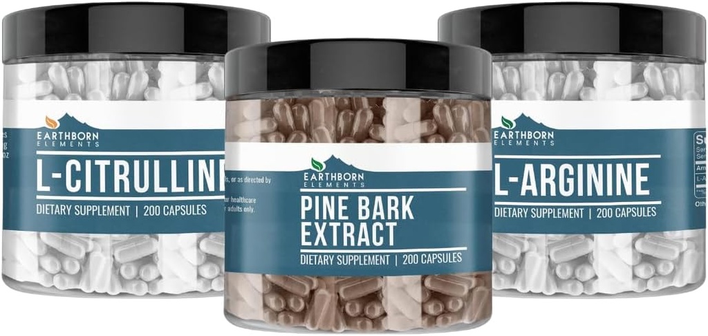 Earthborn Elements Pine Bark, L-Arginine, & L-Citrulline Capsule Bundle, 200 Capsules Each, Pure & Undiluted, No Additives