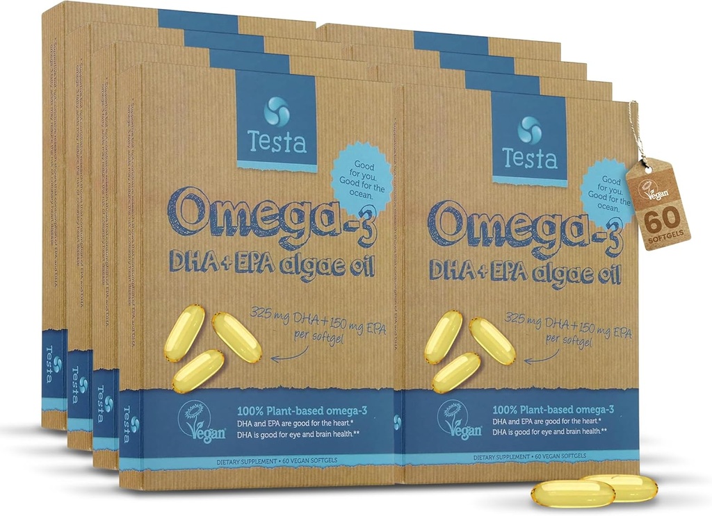 Testa Omega-3 - Plant Based DHA + EPA from Algae Oil - Pure and Vegan Omega-3 - Much Healthier Than Fish Oil - 60 Capsules (8 Pack)