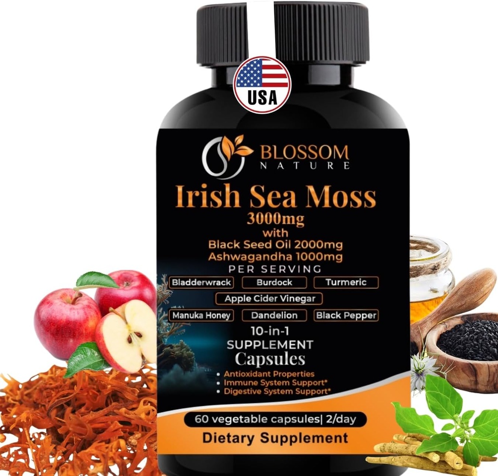 10-in-1 Irish Sea Moss Veggie Caps 3000mg Black Seed Oil Ashwagandha Bladderwrack Burdock Turmeric Apple Cider Vinegar Manuka Honey Dandelion Black Pepper - Made in US(Veggie Caps, Unflavored)