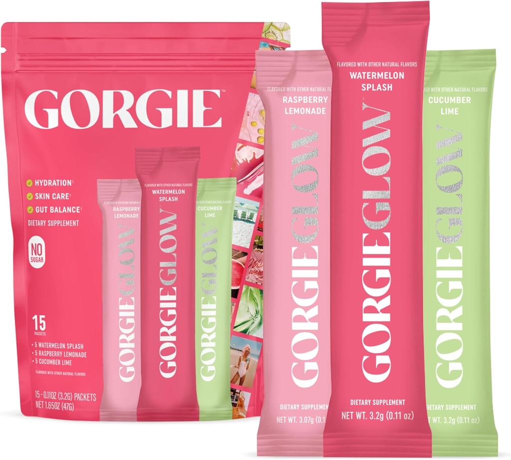 GORGIE Glow Variety Pack 15 Sticks, Electrolyte Powder Healthy Drink Mix, w/Hyaluronic Acid, Aquamin, Vitamin C & D, Probiotics, No Sugar, Antioxidants for Hydration, Skin Care, and Gut Balance