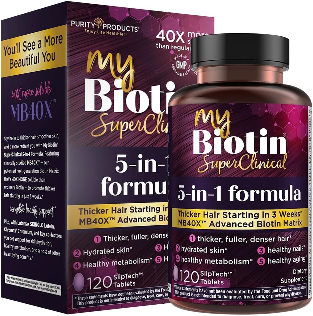 Purity Products MyBiotin SuperClinical New 5-in-1 Elite Multivitamin + MB40X Biotin Matrix Daily Multi - Thicker Hair Starting in 3 Weeks - 40X More Soluble vs Ordinary Hair Skin Nails - 120 Tabs