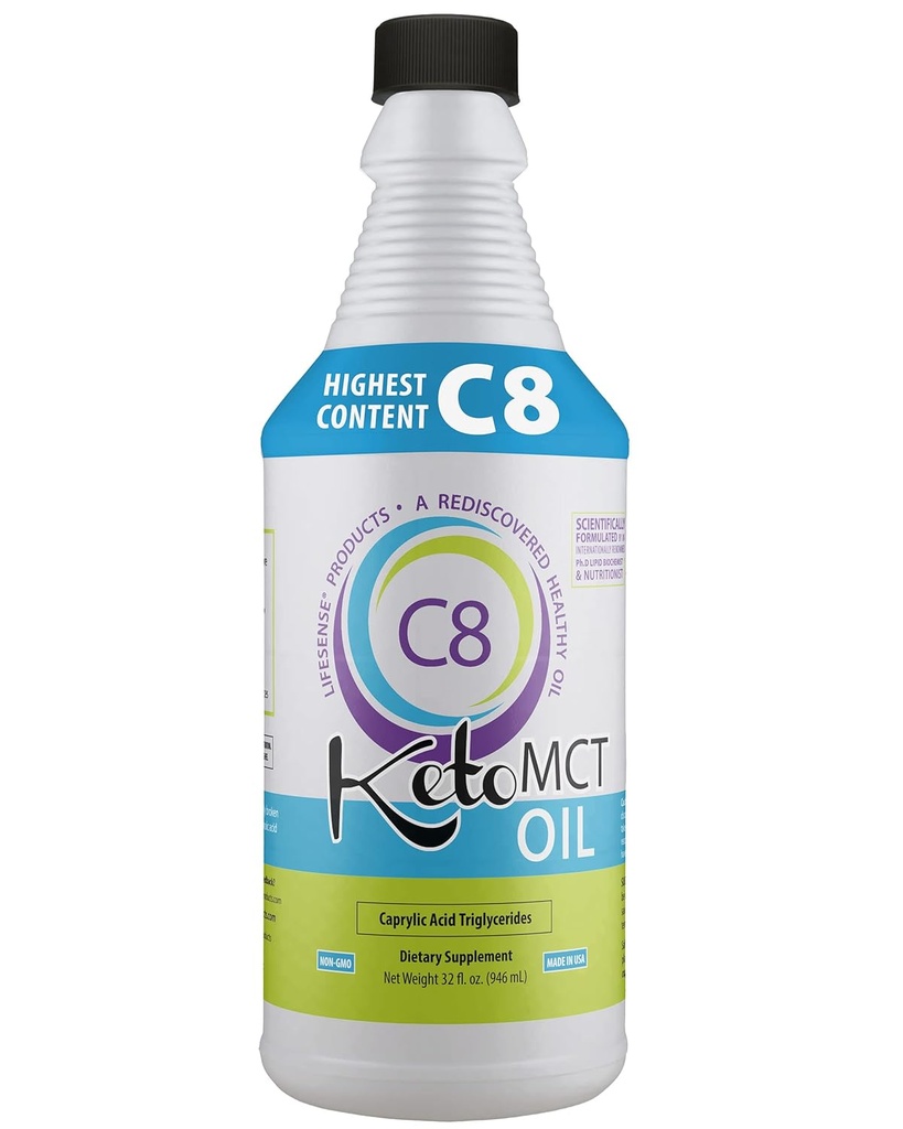 LifeSense C8 MCT Oil, Keto-Friendly, Sourced from Coconut Oil, Clinically Proven to Increase Ketone Production, Optimal Fuel for The Brain and Body, Made in USA by PhD Nutrition, 32 oz