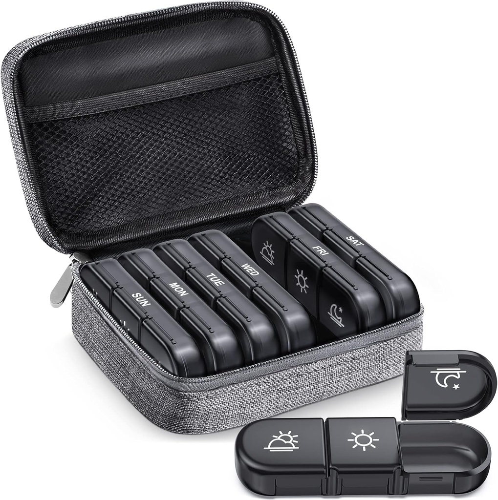 ZIKEE Large Weekly Pill Case Organizer 3 Times a Day, Portable Light Proof Canvas Bag Pill Box 7 Day to Protect Your Privacy and Store Medication, Vitamin, Fish Oil, Supplement (Grey)
