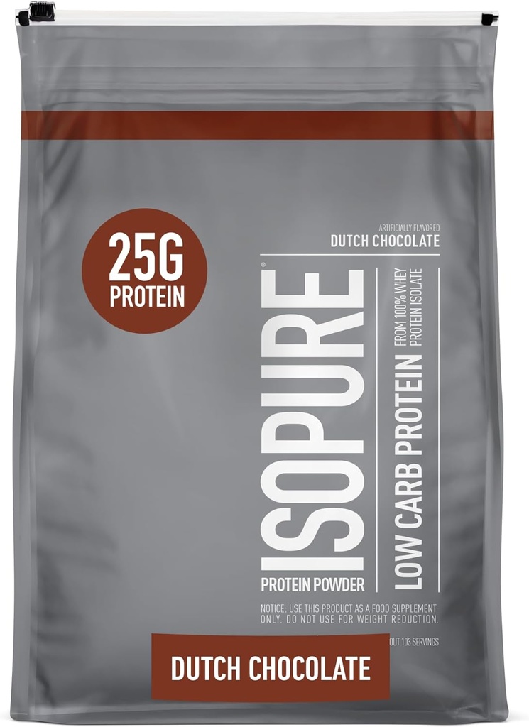 Isopure Low Carb 100% Pure Whey Isolate Protein Powder, Lactose Free, Gluten Free, With Vitamins, Dutch Chocolate, 25g Protein Per Serving, 7.5 Lbs, 103 Servings (Packaging May Vary)