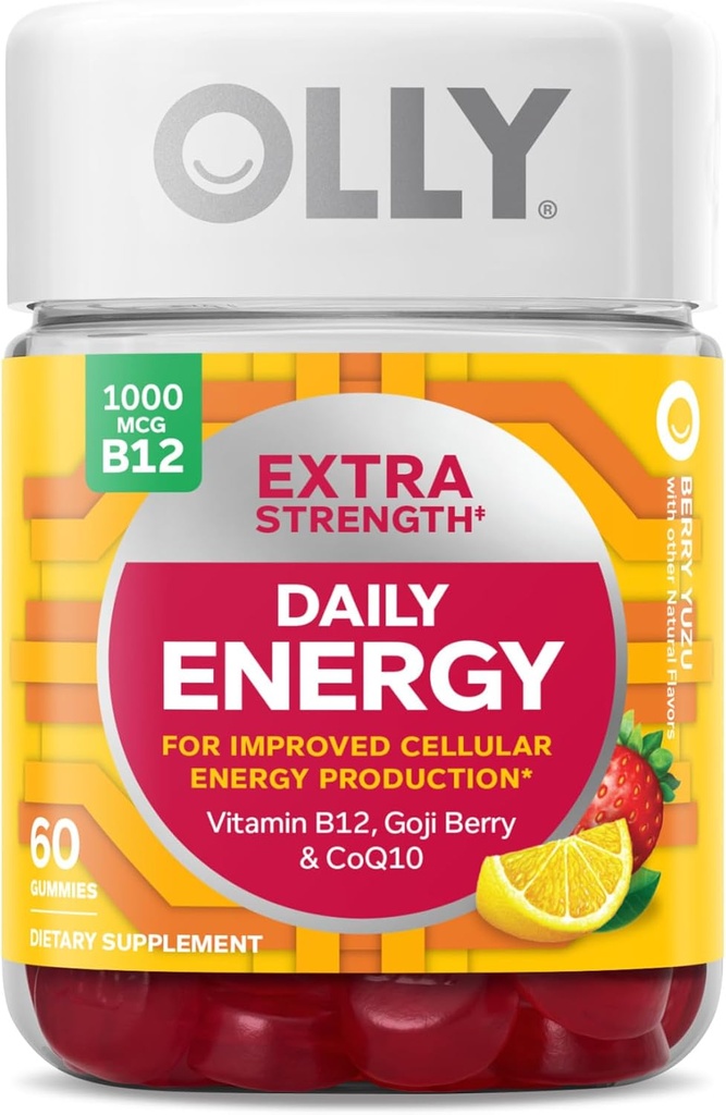OLLY Ultra Strength Hair, Extra Strength Daily Energy, Biotin, Keratin, Vitamin B12, CoQ10, Goji Berry Gummy Supplement Bundle - 30 Count, 60 Count