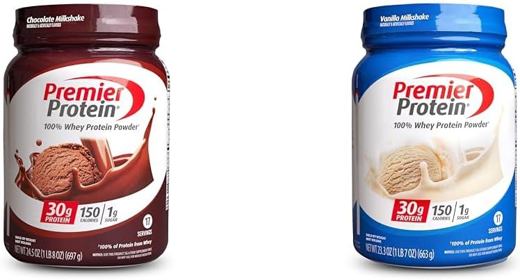 Bundle of Premier Protein 100% Whey Powder Tubs, Chocolate Milkshake + Vanilla Milkshake