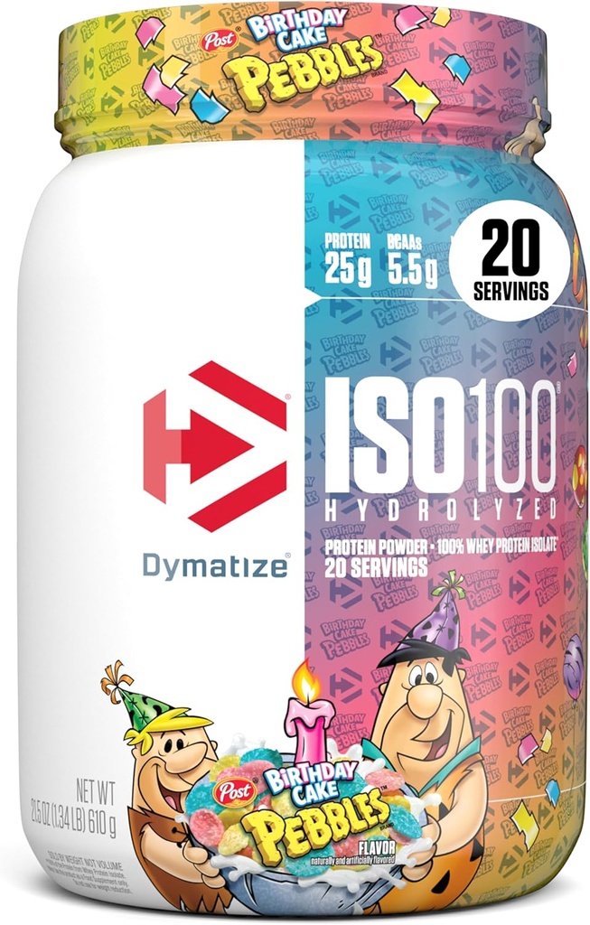 Dymatize x Birthday Cake Pebbles ISO100 Whey Protein Powder Isolate, 25g of Protein, 5.5g BCAAs, 120 Cal., Gluten Free, 1g Fat, 1g Sugar, 2g Carb (20 Servings)