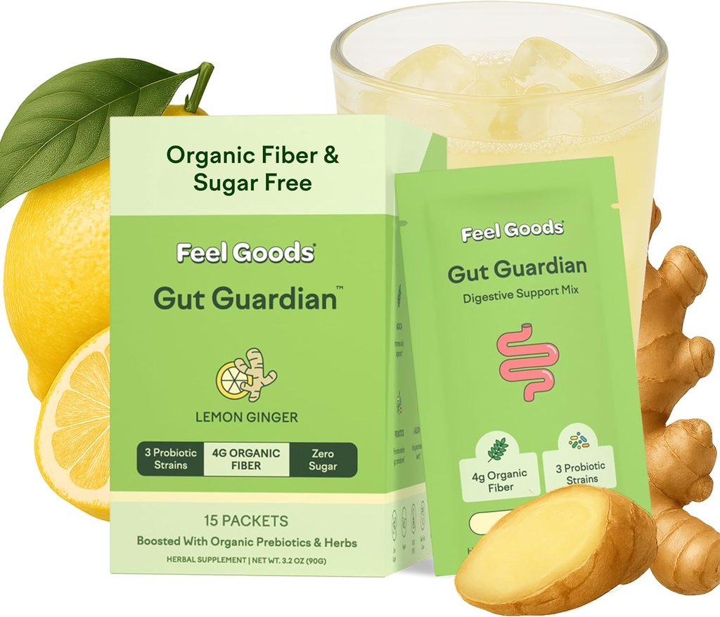 Feel Goods Gut Guardian, Organic Fiber, Probiotic & Prebiotic Powder, Sugar Free, Herbs for Bloat, Gut Health Support, Digestive Health for Men & Women, Non GMO, Vegan, Lemon Ginger, 15 Count