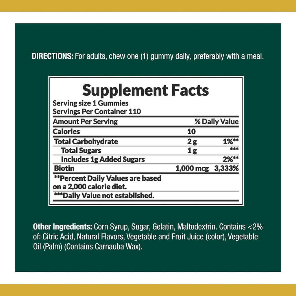 Nature's Bounty Biotin, Vitamin Supplement, Supports Healthy Hair, Skin, and Nails, Fruit Flavored Gummies, 1000 mcg, 110 Count (Pack of 2)