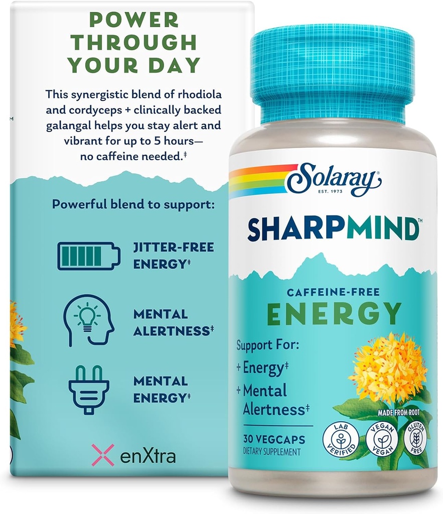 SOLARAY SharpMind Energy, Energy Booster for Women and Men, Nootropic Focus Supplement, Caffeine Free Energy Pills with Rhodiola Rosea and Cordyceps, 60 Day Guarantee, 30 Servings, 30 VegCap Pills