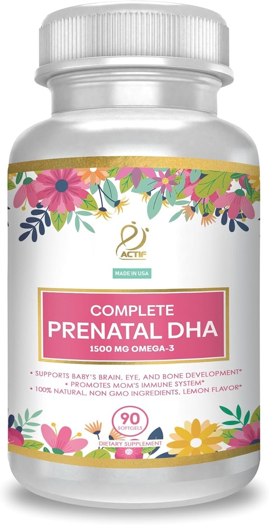 ACTIF Complete Prenatal DHA with 1500mg Omega-3, 100% Natural, Organic DHA, EPA – Non-GMO, 90 Count