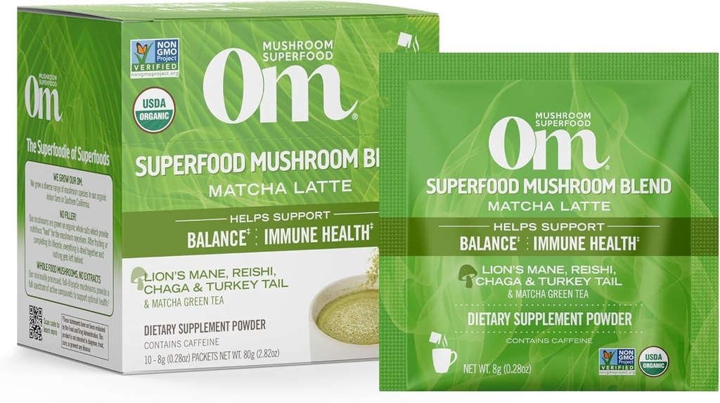 Om Mushroom Superfood Matcha Latte Blend Mushroom Powder, Single Serve, 10 Count, Green Tea, Lion's Mane, Reishi, Chaga, Turkey Tail, Focus & Stress Support Supplement